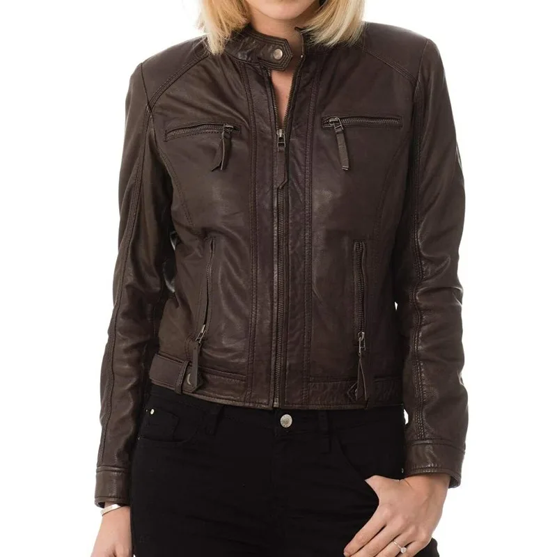 New Women's Lambskin Leather Jackets Motorcycle Biker Slim Fit Basic Brown Coat