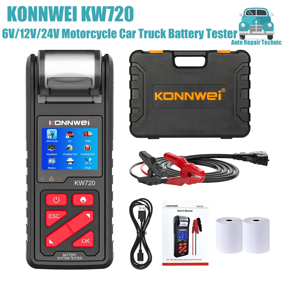 KONNWEI KW720 Truck Motorcycle Car Battery Tester with Built-in Printer 6V/12V/24V Battery Analyzer Charging Cranking Test Tools