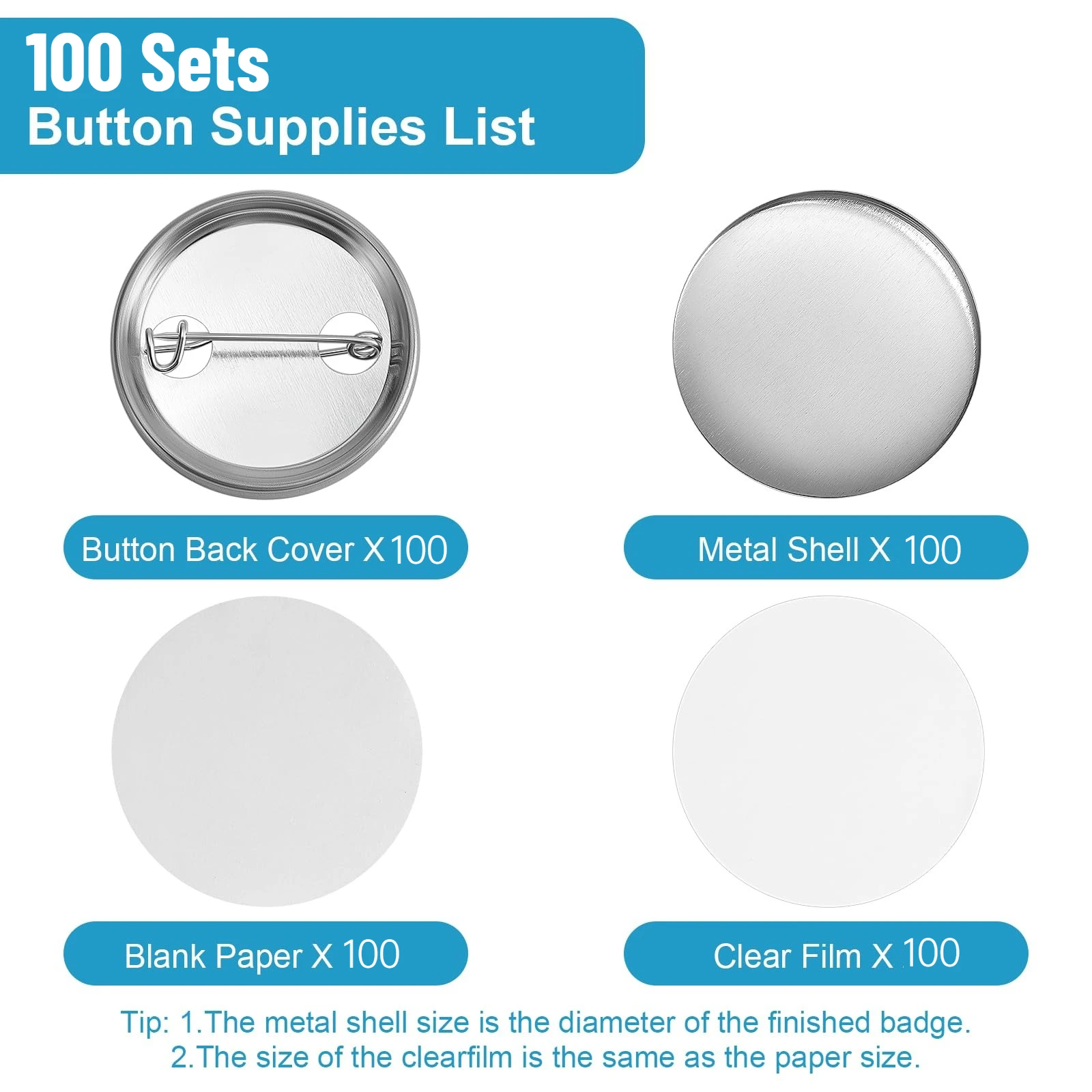 100 Sets Frosted Blank Button Supplies 25mm/32mm/37mm/44mm/50mm/56mm/58mm/75mm Metal Covers Backs Clear Film