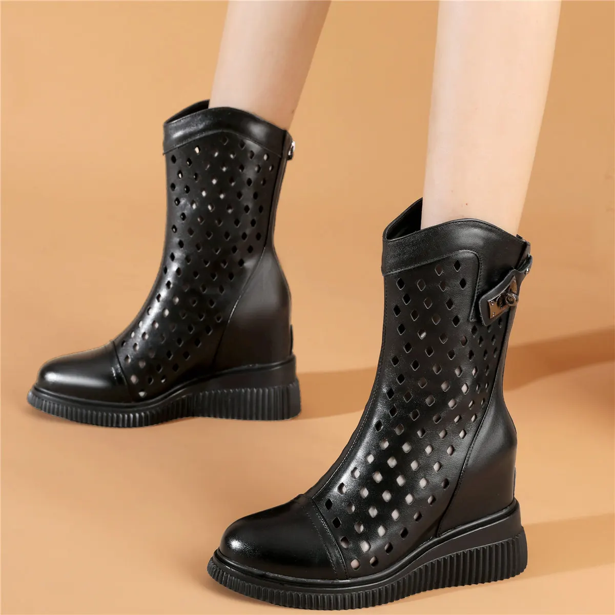 

Platform Pumps Shoes Women Genuine Leather Wedges High Heel Ankle Boots Female Summer Round Toe Fashion Sneakers Casual Shoes