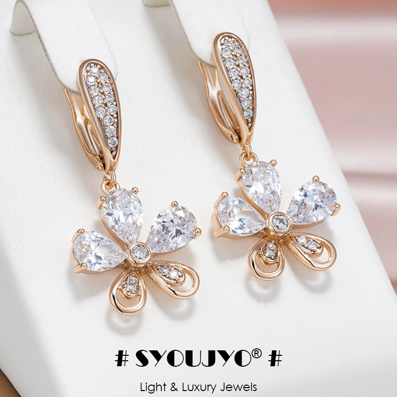 SYOUJYO Natural Zircon Flower Long Dangle Earrings For Women 585 Rose Gold Color Fine Jewelry Daily Wearing