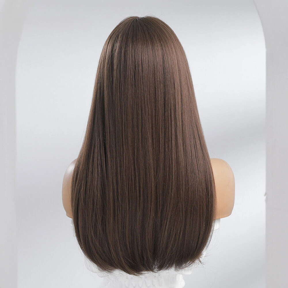 24 Inch Dark Brown Long Natural Straight Hair Bangs WomenDaily Use Wigs