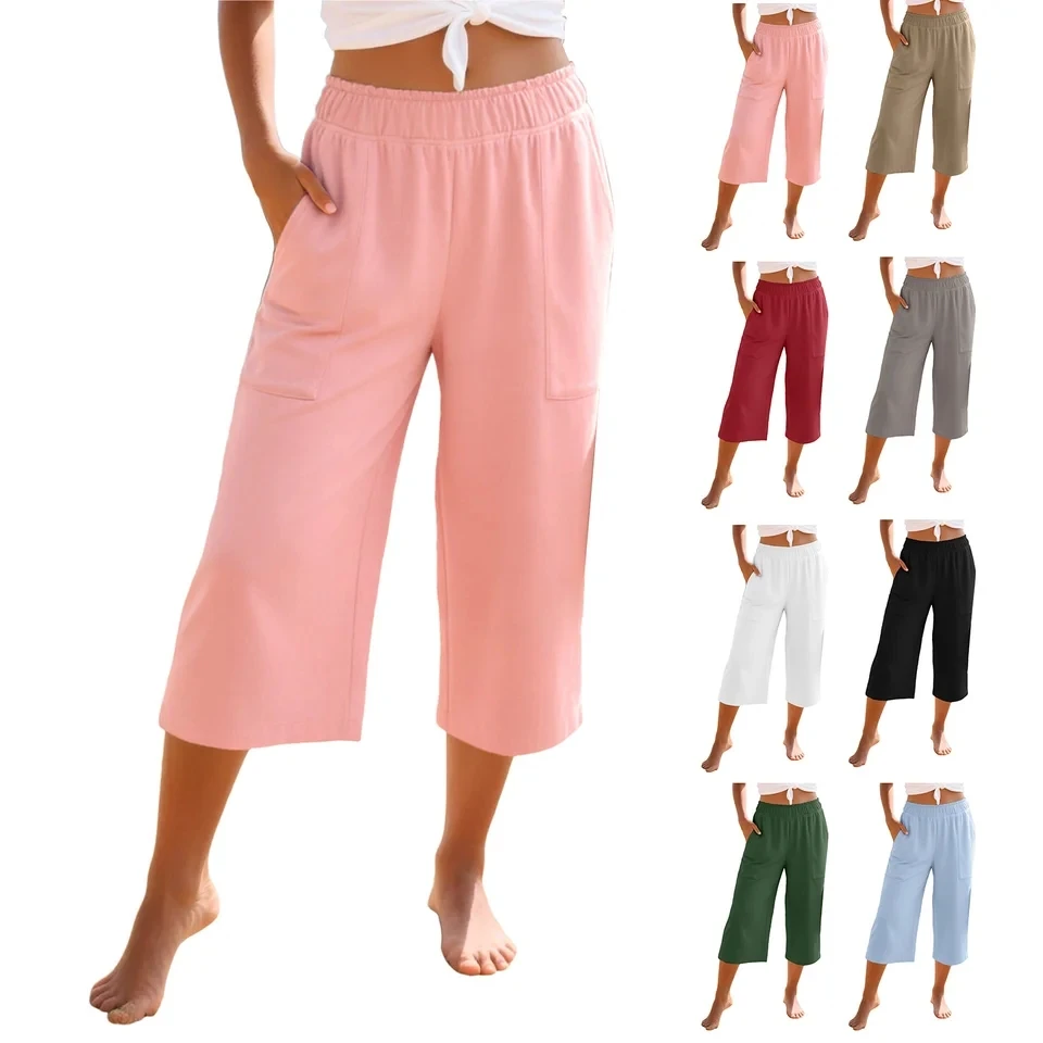 Capri Pants For Women Cotton Linen Loose Straight Leg Trousers Elastic Waist Capris Summer Solid Beach Pants With Pockets