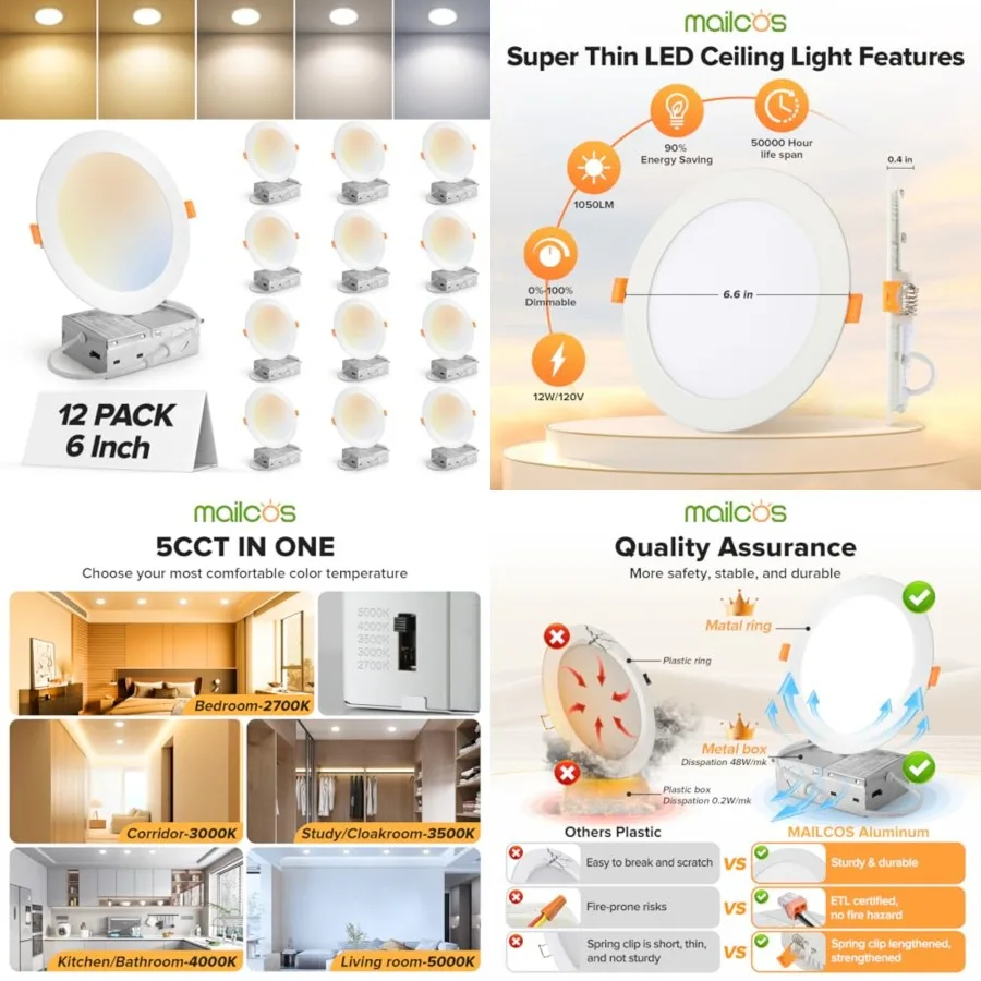 

12 Pack 6 Inch 5CCT Ultra-Thin LED Recessed Ceiling Light with Junction Box, 2700K-5000K Selectable, 1050LM High Brightness, Di