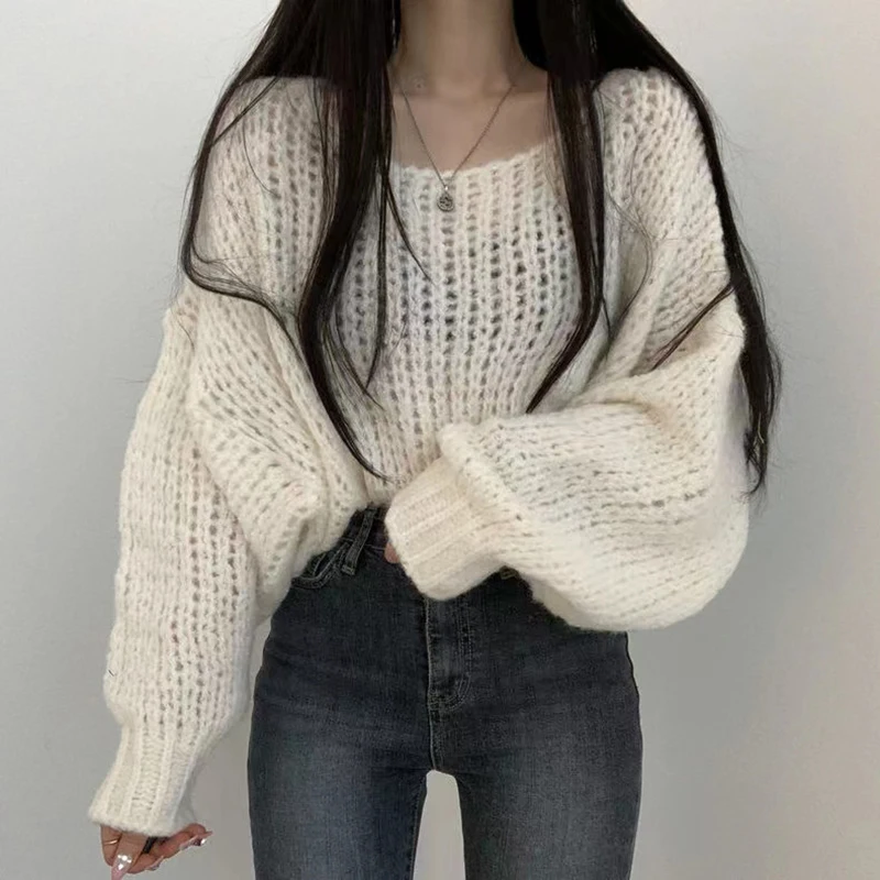 Women Lantern Sleeve Loose Casual Sweater Hollow Out O-Neck Knitted Jumpers Solid Sweaters For Women 2024 Autumn Winter