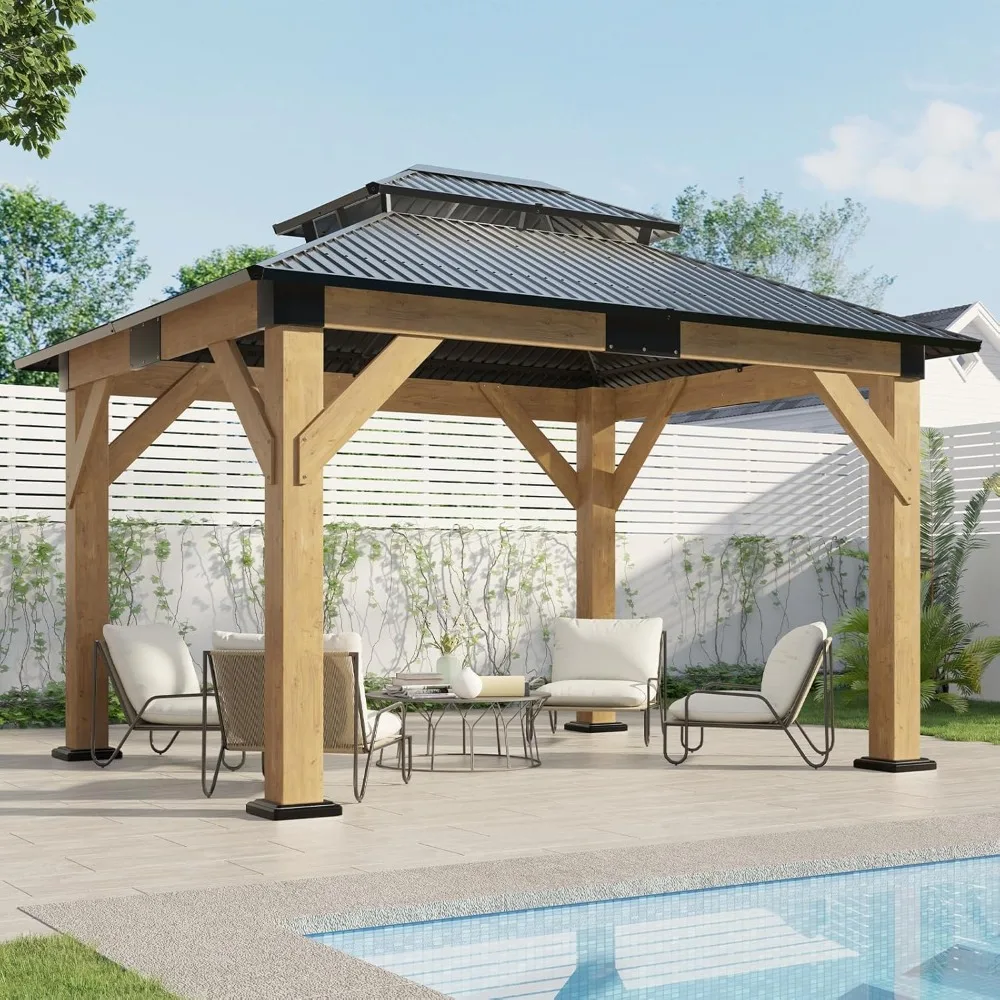 

10x12 Wood Gazebo, Hardtop Gazebo with Spruce Frame and Aluminum Double Roof, Outdoor Pergola for Parties, Customized