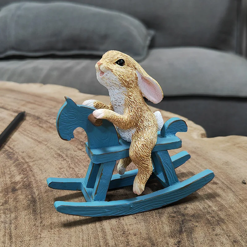 Resin Crafts Rocking Horse with Bunny Rabbit Figurine, Desk Decor, Balance Art Adornment, Decorative Ornament, Kids G