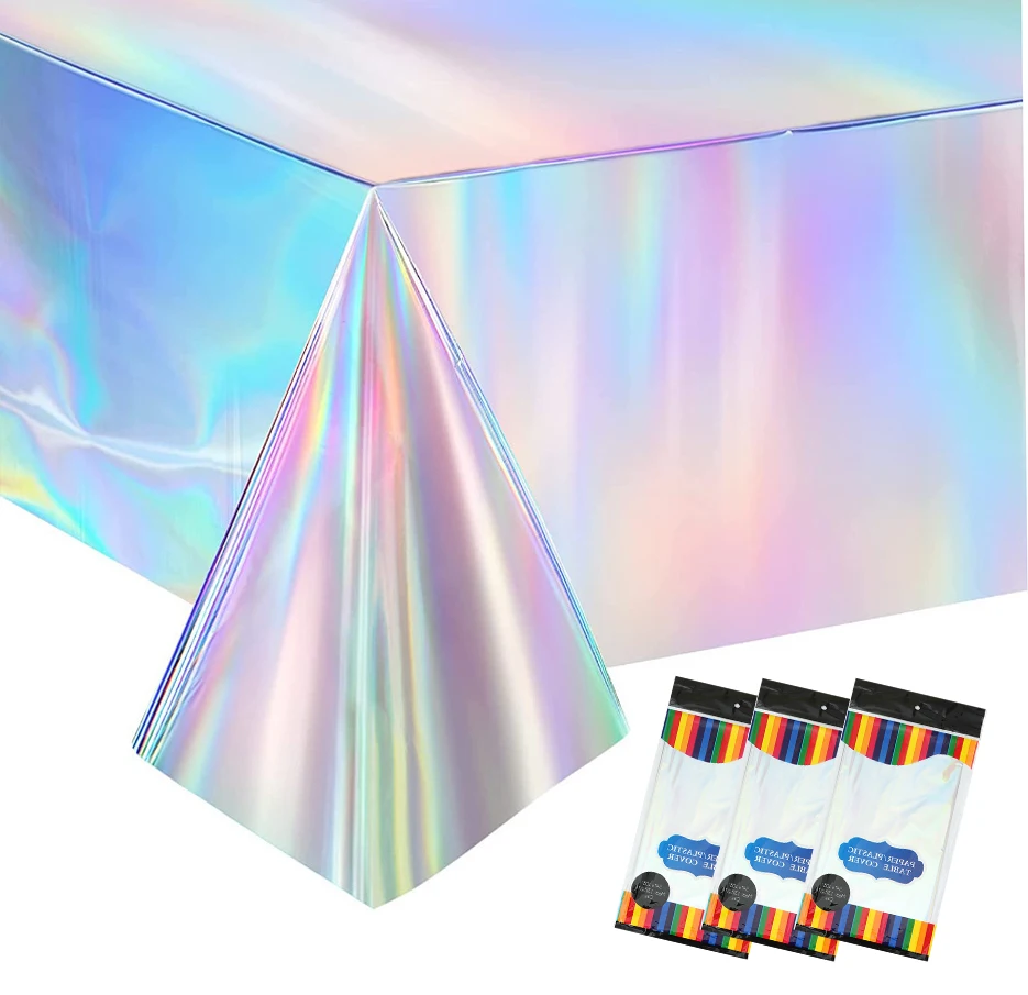 1-Piece Silver Disposable Tablecloth Laser Rectangular Table Covers Birthday Iridescent Disco Party Decorations Wedding Supplies