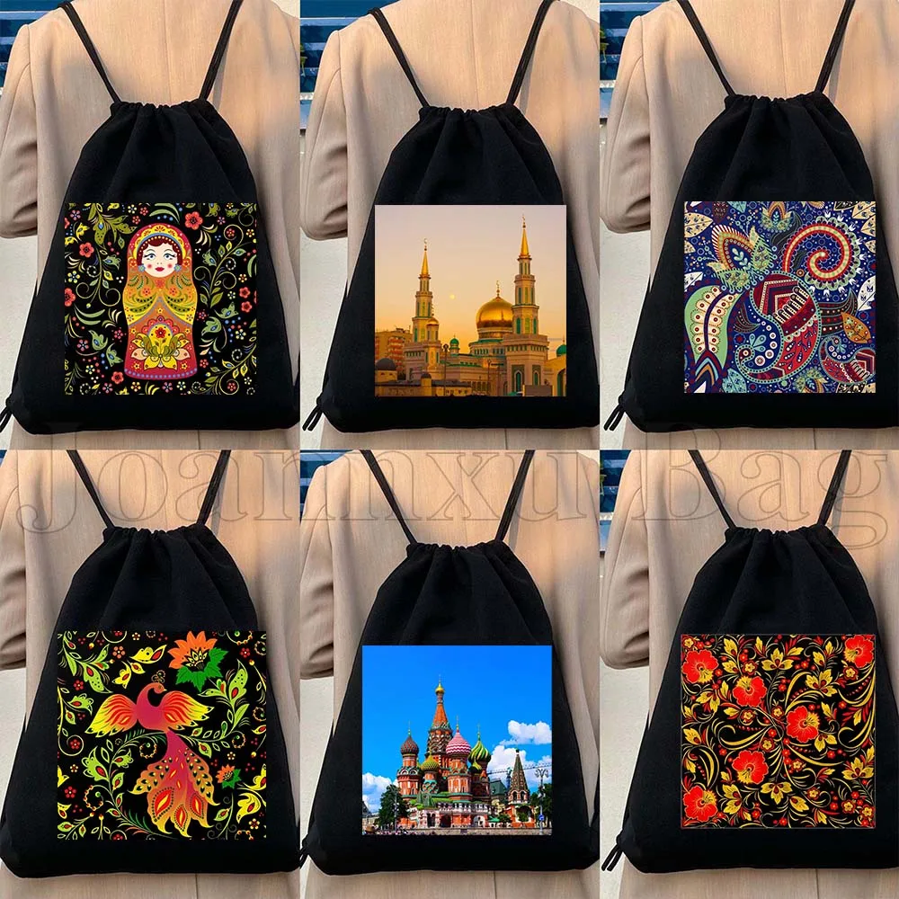 

Matroshka Russian Dolls Moscow Kremlin Russia Colorful Khokhloma Art Drawstring Bag Soccer Backpack Sackpack Sports String Bag