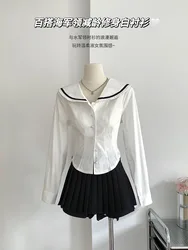 Fashion All-match Sailor Collar Shirt Sleeve Tops Women White Slim Single Breasted Blouses Preppy Style Autumn Chiffon Shirts