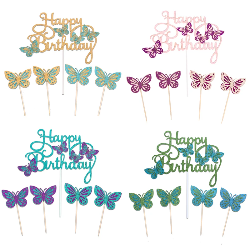 Pink Purple Blue Paper Butterfly Cake Topper Set Baby Shower Kids Girls Happy Birthday Party Dessert Cake Decoration Supplies