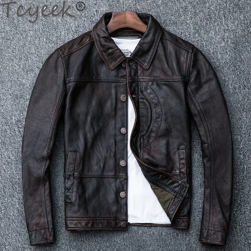 Tcyeek Top Layer Cowhide Leather Coat Men's Clothing Red Brown Genuine Leather Jacket Men Spring Autumn Clothes Lapel Jaquetas