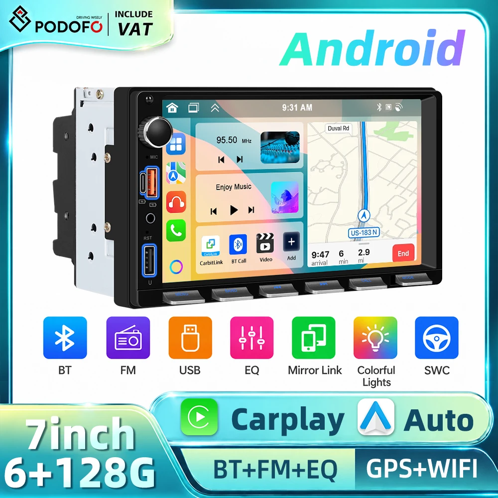 Podofo Doppel-DIN 7 Zoll Android Autoradio 6+128G GPS Wireless Carplay Android Auto WIFI Mirror Link HD IPS Touchscreen Autoradio FM/RDS Radio Unterstützung Rückfahrkamera/Fahrtenschreiber Multimedia