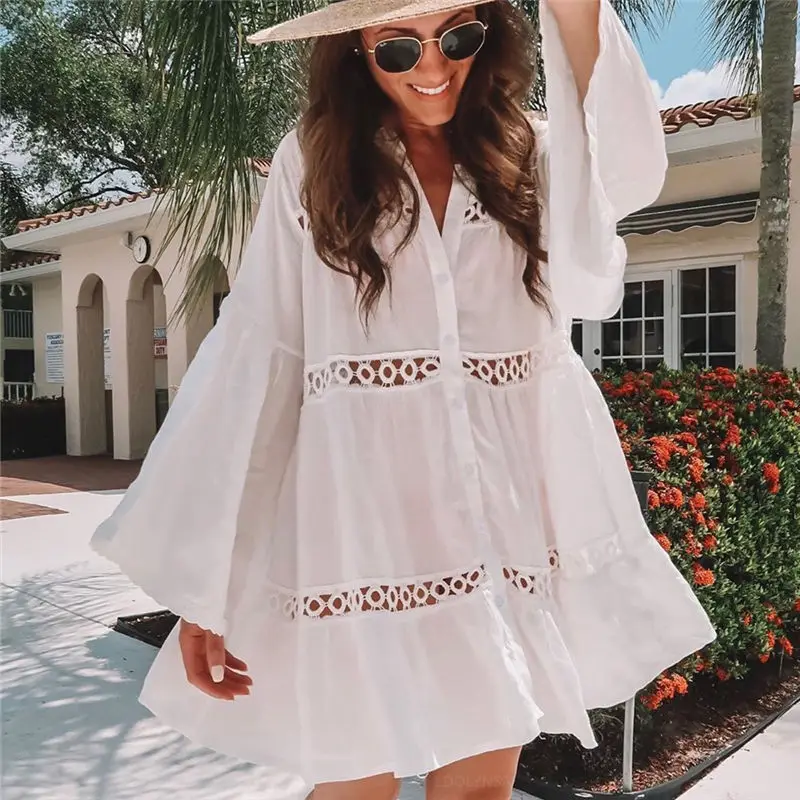 Women Swimsuit Cover Ups Mandarin Sleeve Kaftan Beach Tunic Dress Robe De Plage Solid White Pareo Beach