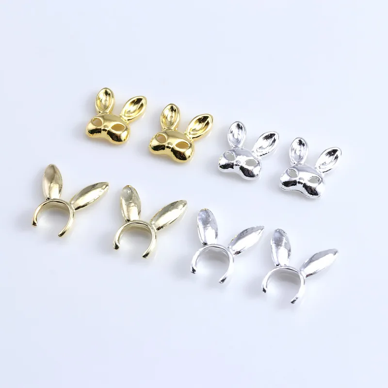 10Pcs หน้ากากกระต่ายหูเล็บ Charms Gold Silver Alloy เล็บโลหะตกแต่ง Rivet เครื่องประดับ3D อุปกรณ์แต่งเล็บ