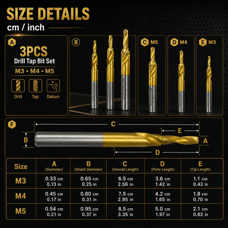 Combined Drill Tap Bit Set 3PCS M3‑M5 HSS Gold Coated Metric Thread Tap Drill for Metalworking DIY Projects