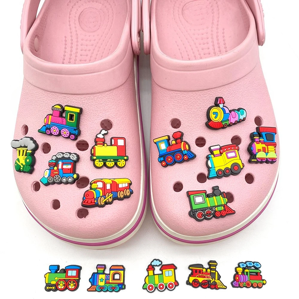 20Pcs Cartoon Anime Little Train Series Shoe Charms for Clogs Bubble Slides Sandals PVC Shoe Decorations Accessories For Teens