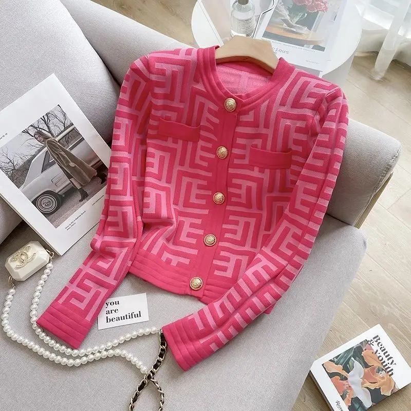 French retro small fragrance knit cardigan women's spring and autumn new temperament ladies short round neck long sleeve coat