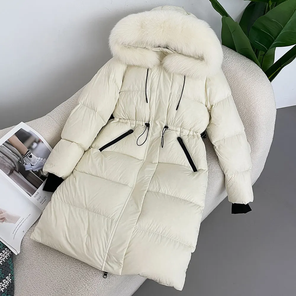 

2024 New Autumn Winter Thicken Warm Real Fur Coat Women Long 90% White Duck Down Jacket Spliced Fox Fur Collar Raccoon Fur Coat