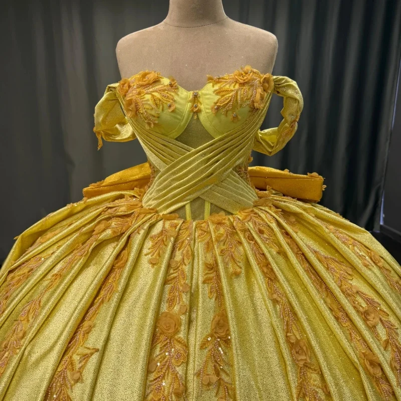 

Shiny golden Quinceanera Dress off-shoulder glitter flower decal Lace Tull tail Bow vestidos de 15 Quinceanera ﻿Customized