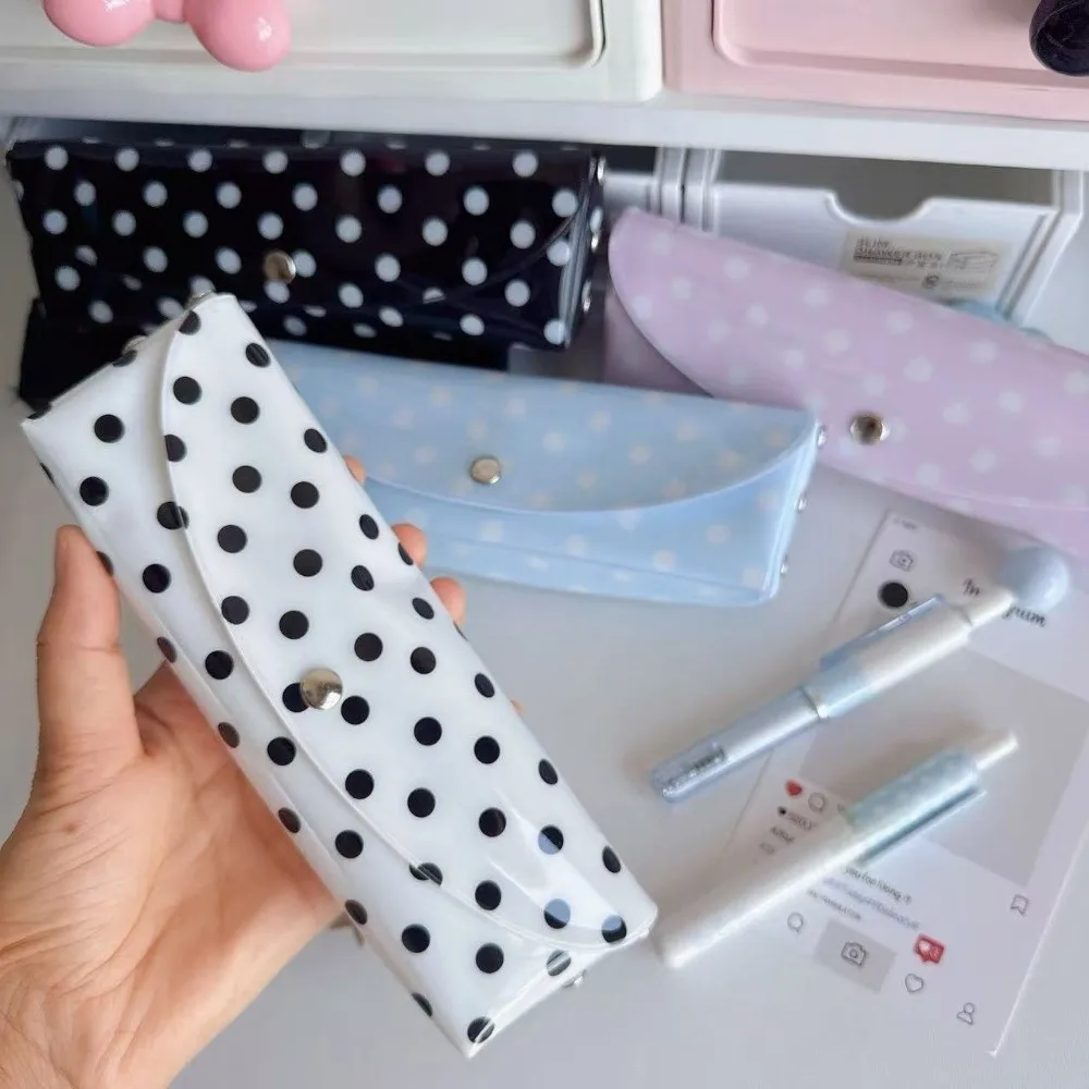 PVC Polka Dot Pencil Case Snap Button Closure Lightweight Storage Pouch Portable Design Korean Style Stationery Organizer School