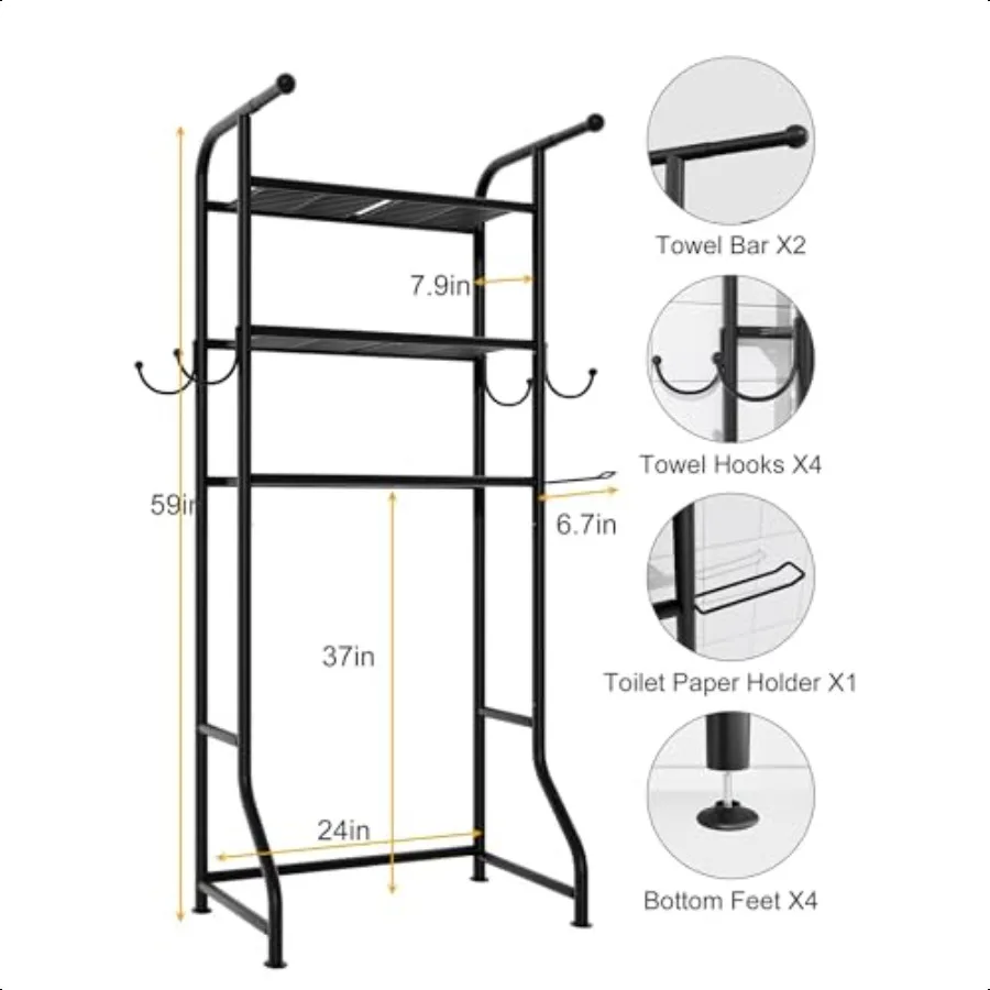3-stufiges Aufbewahrungsregal über der Toilette, Badezimmer-Organizer und Aufbewahrung über der Toilette, Metall-Badezimmer-Platzsparer mit 2 Stangen, 1 Papierhalter