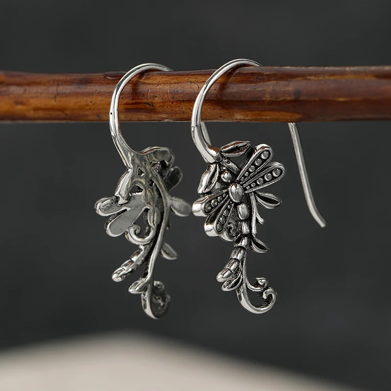 Vintage Delicate Hand Carved Dragonfly Vine Design Hook Earrings for Women Elegant Forest Style Festival Vacation Jewelry Crafts