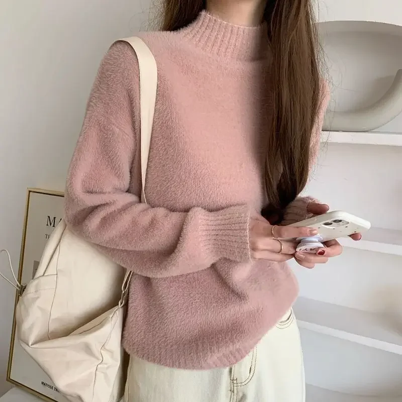 Knitted Top for Women Pullovers Gigh Neck Jerseys Ladies Sweaters Turtleneck Pink 90s Vintage Modern Y2k Fashion Korea Clothes