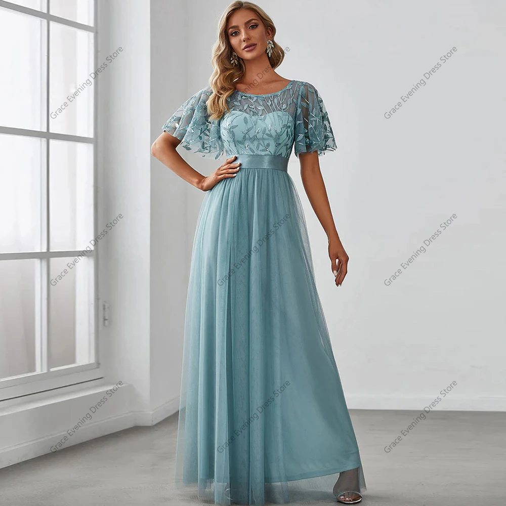 

Modern Women's Formal Dresses Crew Neck Sequin Ruffle Sleeve Empire Waist Beaded Long Evening Dressesr Applique Robe De Soirée