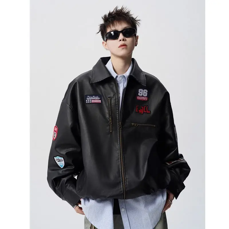 

Embroidery Leather Bomber Jackets Men Loose Moto Biker Jackets PU Leather Trench Coats Windbreaker for Men Autumn Outerwears