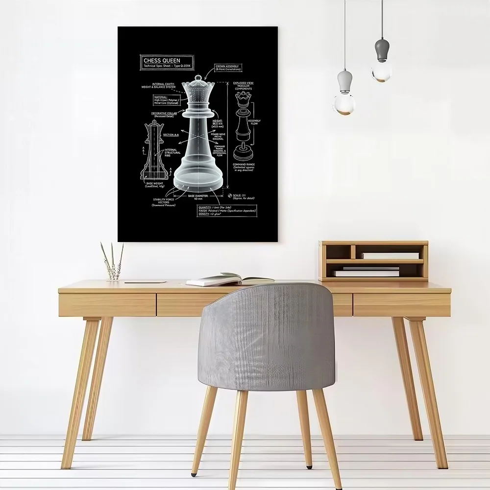 Chess Queen Technical Specification Blueprint Canvas Poster Wall Art Customizable High Quality Printed Picture for Vintage Decor