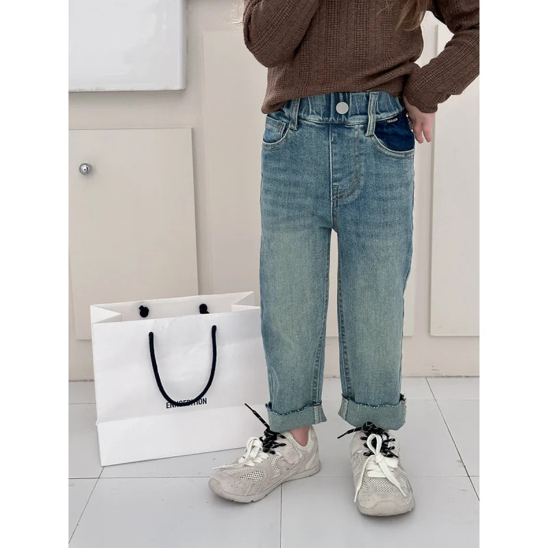 

Aimo Beibei2024Early Autumn Clothing Girls Baby High Elastic Design Sense Slim Quality Retro Curling Jeans