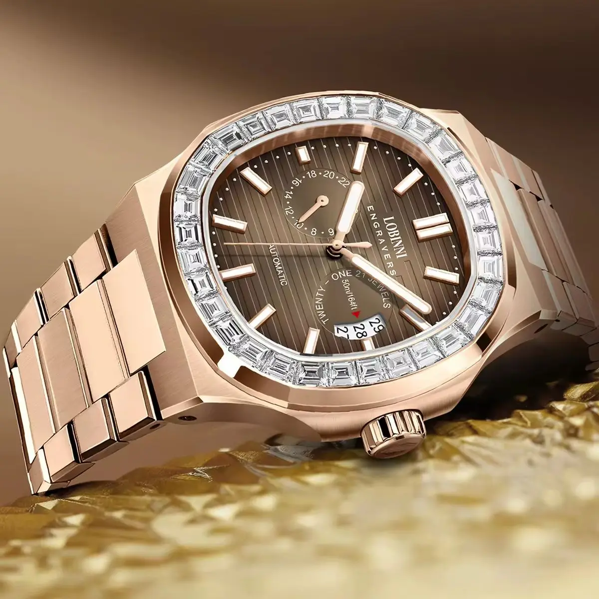 LOBINNI Men Automatic Watch 43MM Square Mechanical Wristwatch Sapphire Mirror Luminous Skeleton Multi-Dial 24 Hours