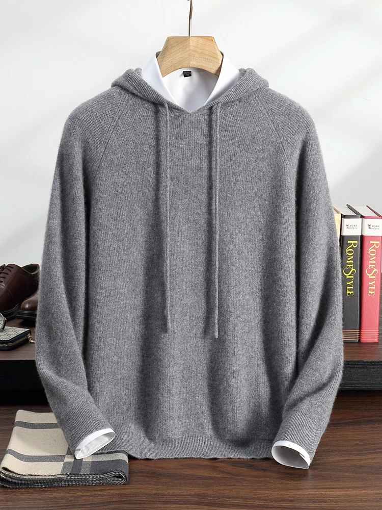 Autumn Winter New 100% Pure Cashmere Thick Gold Ingot Hoodie Men's Knitted Hooded Collar Pullover Casual Long Sleeved Menswear