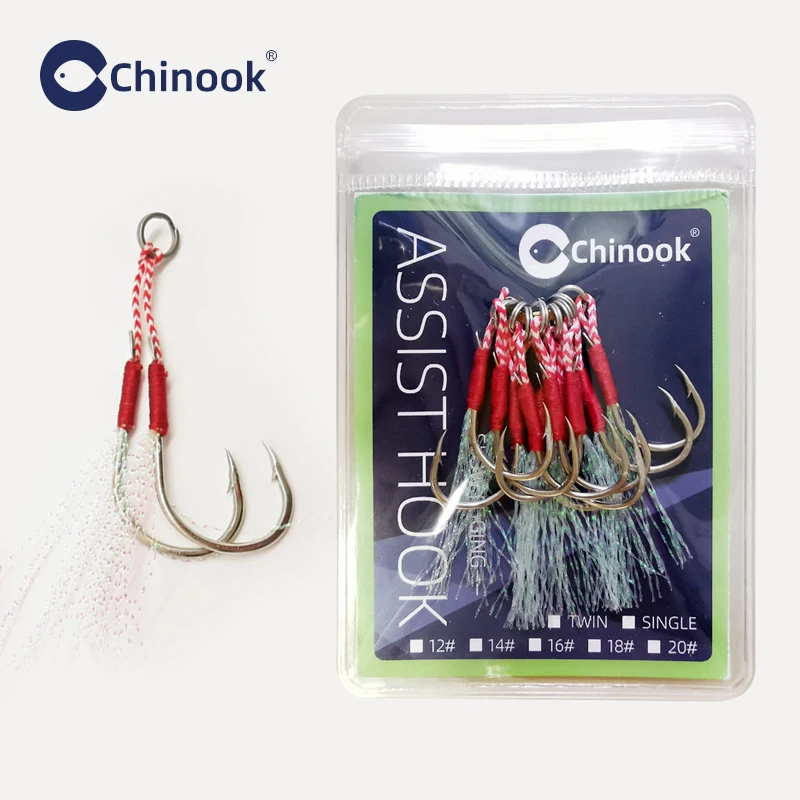 

Chinook 10/20pcs Slow Jigging Twin/single braided Assist Cast Jig Assist Hook High Carbon Steel Thread Feather Sea Pesca