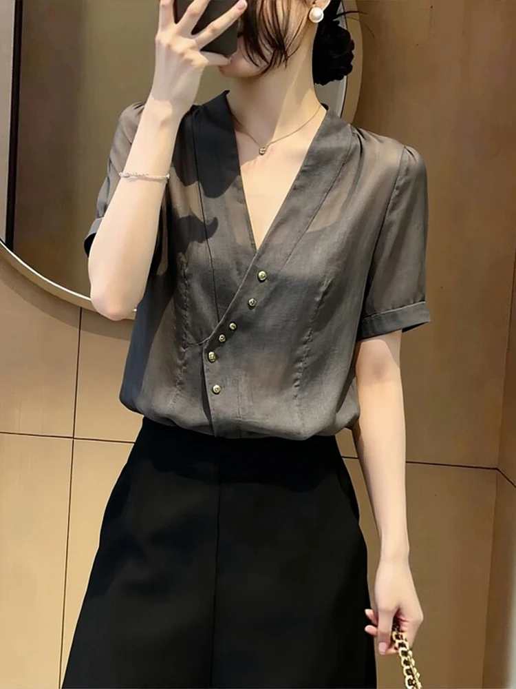 Slimming V-Neck Short Sleeve Shirt Women's Thin Fashionable Summer New Style Breathable Casual Top Ladylike Commute Style