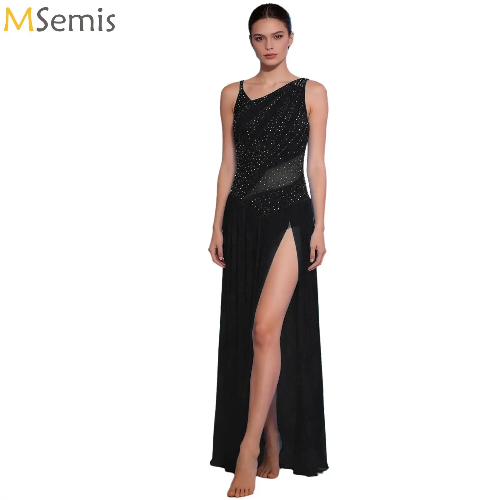 

Rhinestones Ruched Womens Lyrical Dance Dress Asymmetrical Shoulders Slit Mesh Leotard Long Dress Modern Ballet Dance Costume