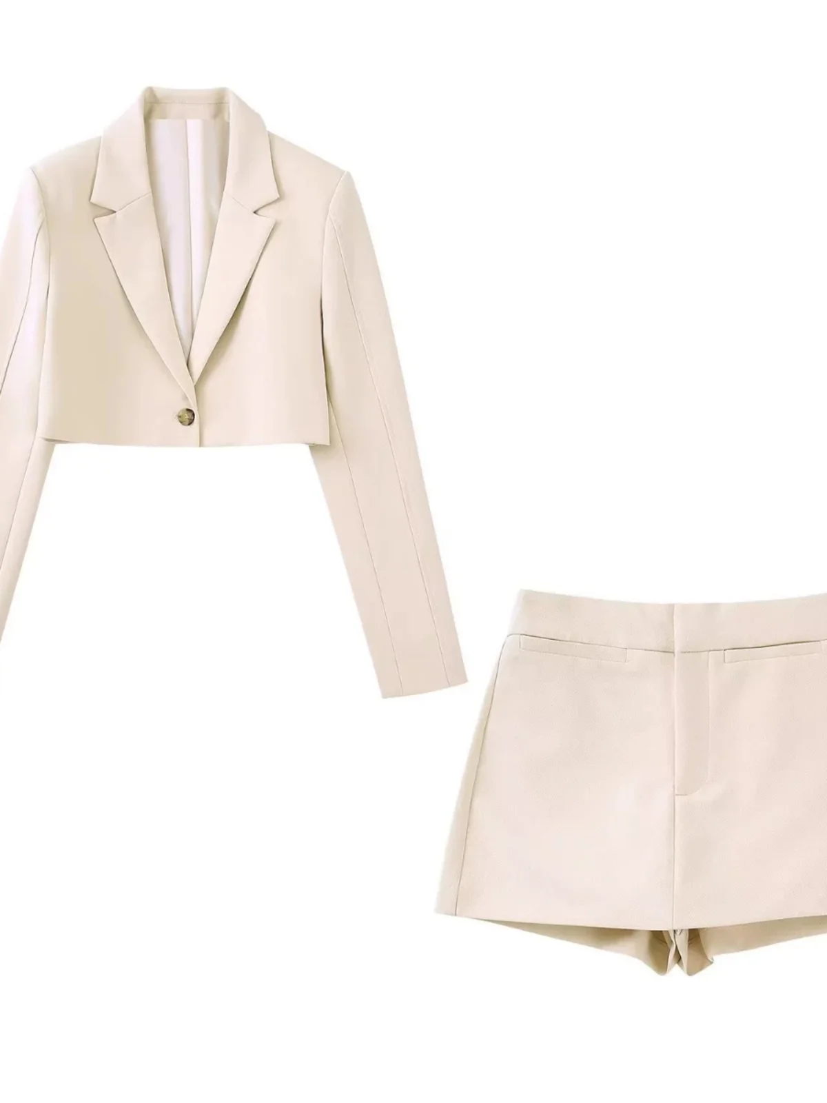 

Комплект: укороченные прямые брюки с высокой талией, короткое пальто с отложным воротником и юбка для женщин