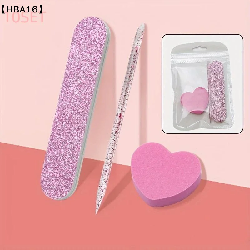 10Set Manicure Tool Set With Crystal Dotting Pen Heart-Shaped Block & Wood File For Nail Polishing And Shaping Care Accessories