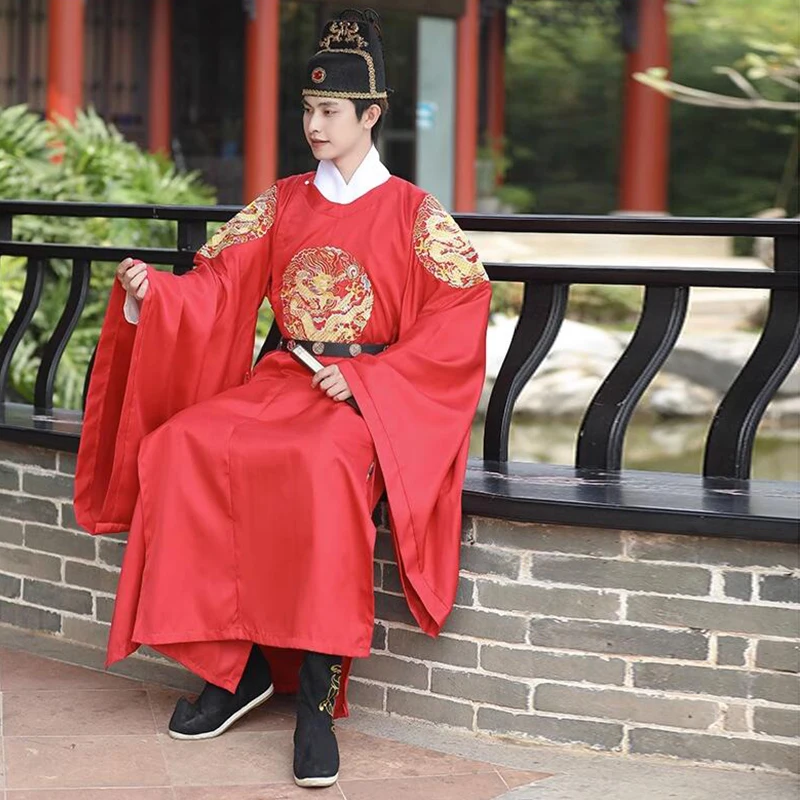 Ancient Hanfu Men Chinese Traditional Dragon Robe Wedding Clothes Ming Dynasty Cosplay Round Collar Adult Emperor Costume Party