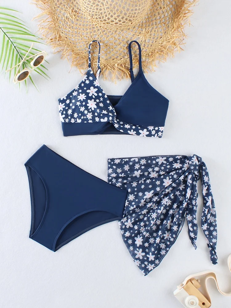 Bikini Kids Girls Swimsuit 2026 New Solid Print Sling Bikinis Set Children Swimwear Three Piece Mesh Beach Cover Up Bathing Suit