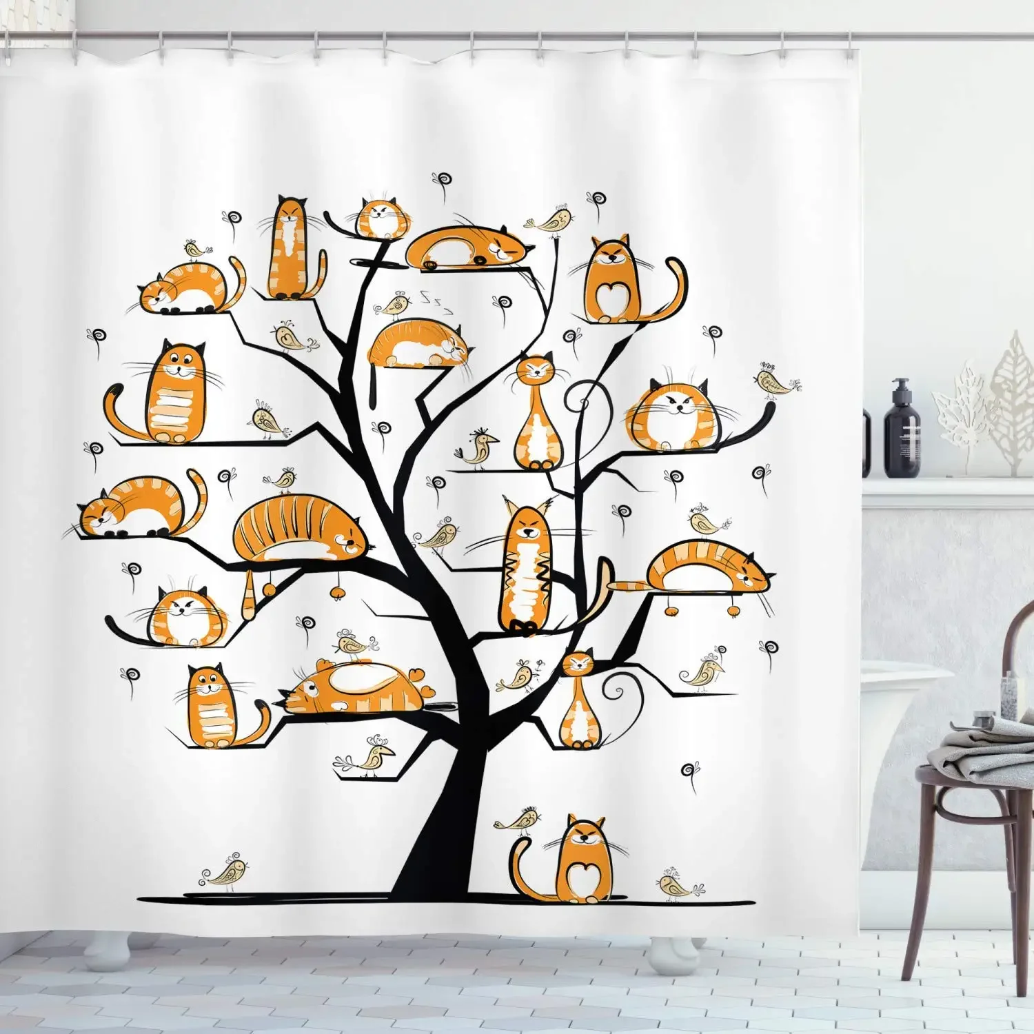 Cat Family Tree With Birds Crowd Fluffy Nature Purebred Creative Humorous Funny Art Bathroom Shower Curtain