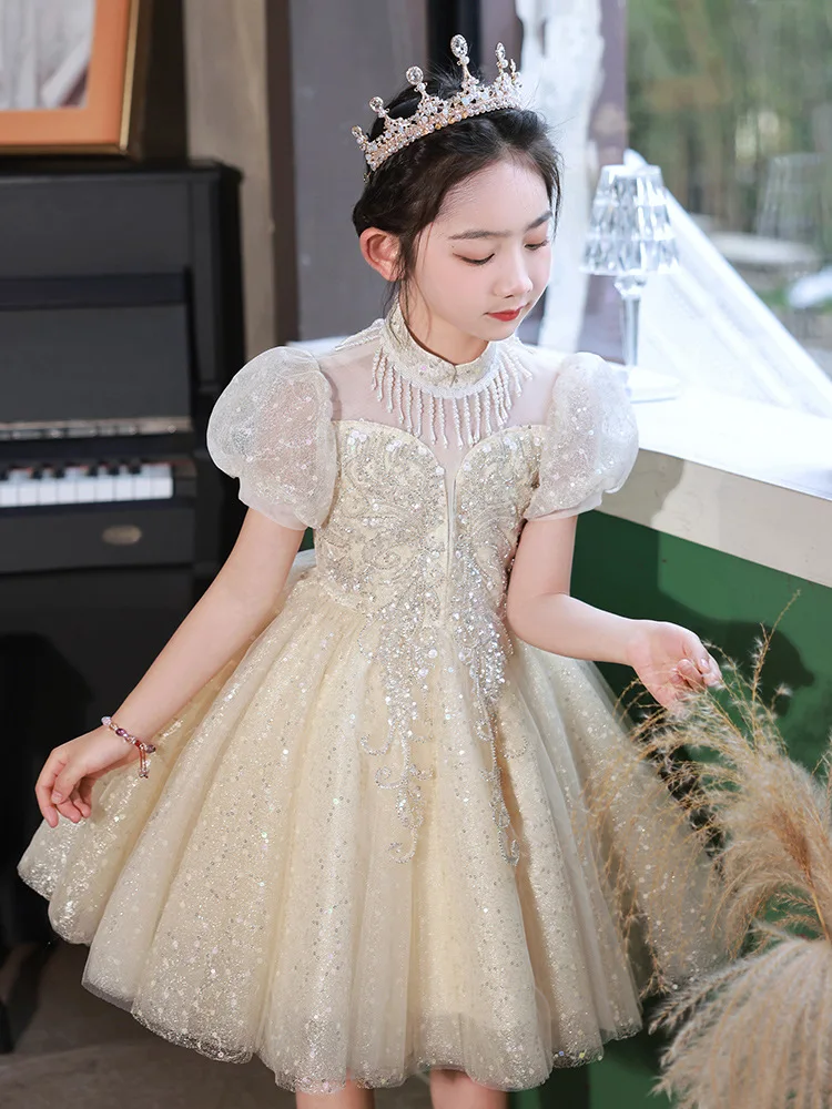 Girl\'s Dress Light Luxury Minority Costume for Piano Performance Host Flower Girl Ball Dress