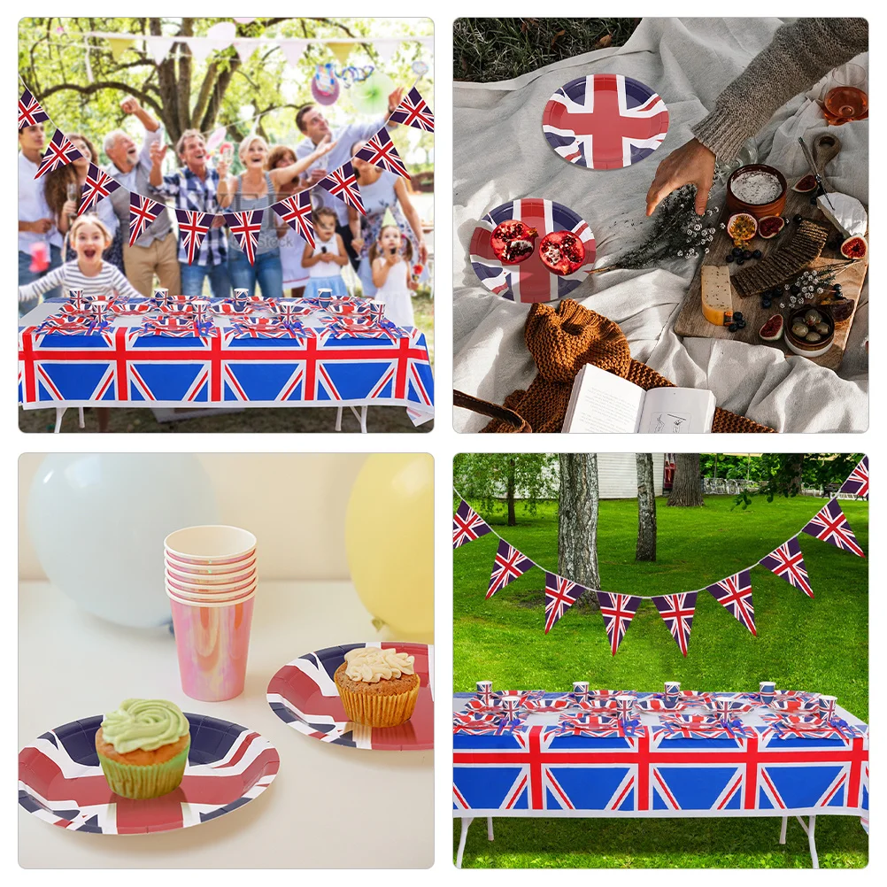 

1Set Uk Flag Paper Plates Banner Cups Party Tableware Set Disposable Birthday Dessert Serving Plates British Patriotic Party
