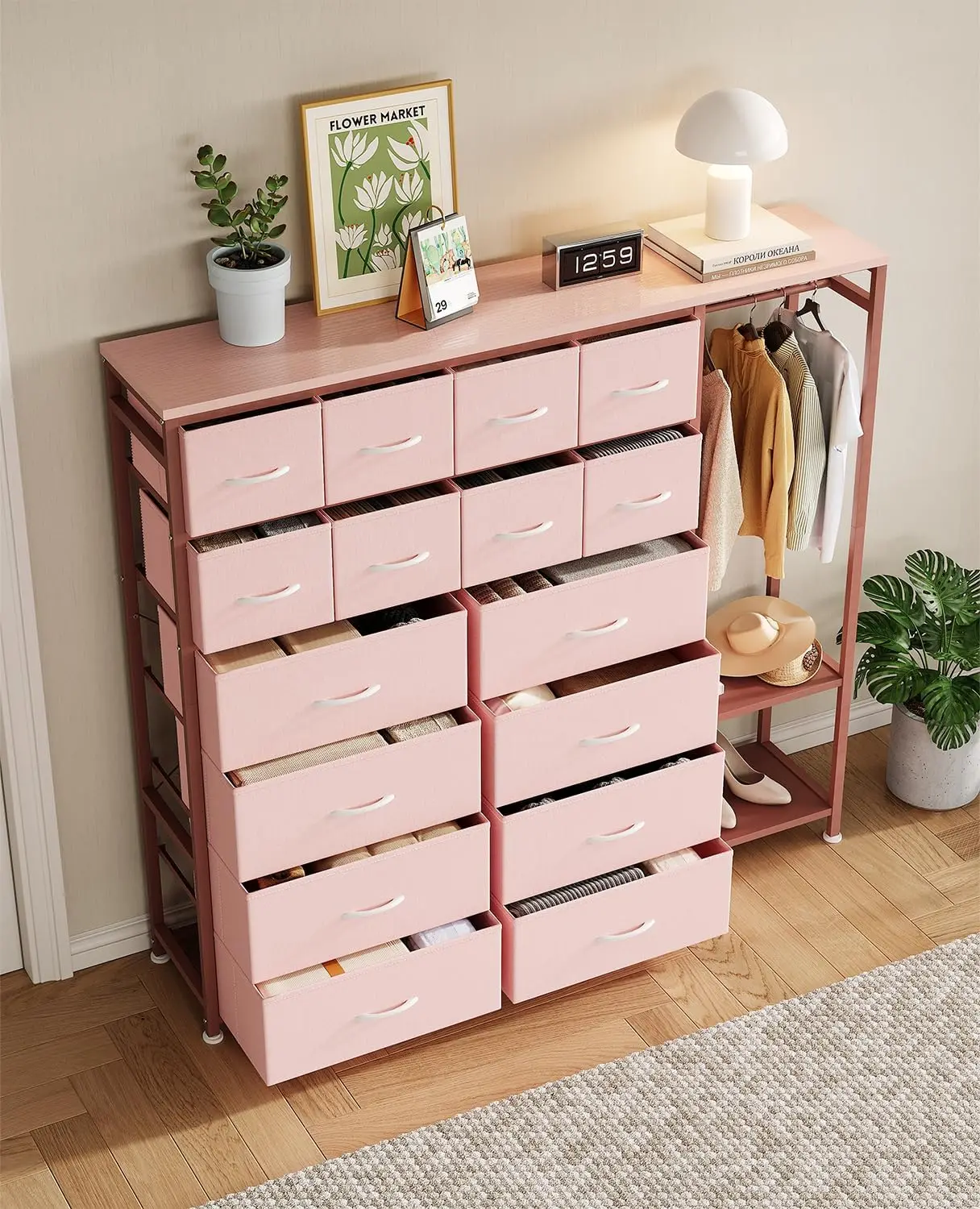 Kommode mit 16 Schubladen für das Schlafzimmer – Kleiderständer & 2 Regale – Große Stoff-Aufbewahrungsbox für Frauen, Mädchen, Kleiderschrank, Wohnzimmer