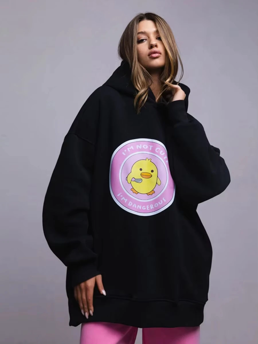 Autumn Winter Womwn Oversized Hoodie Warm Sweatshirt Three Duck Print Loose Casual Sport Fashion Hooded Unisex Hooded Streetwear