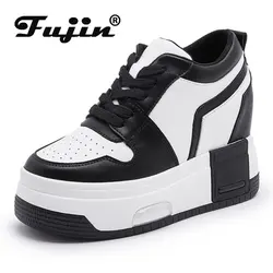 Fujin 10cm Cow Genuine Leather Women Wedge Shoes Platform Sneakers High Heel Autumn Spring Casual High Brand Chunk Sneaker Shoes