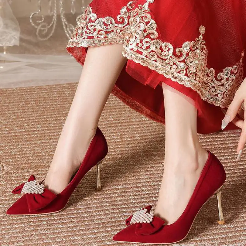 Size 30-44 Wedding Shoes Red Heart-shaped Pointed Thin High Heel Bride Bridesmaid Shoes