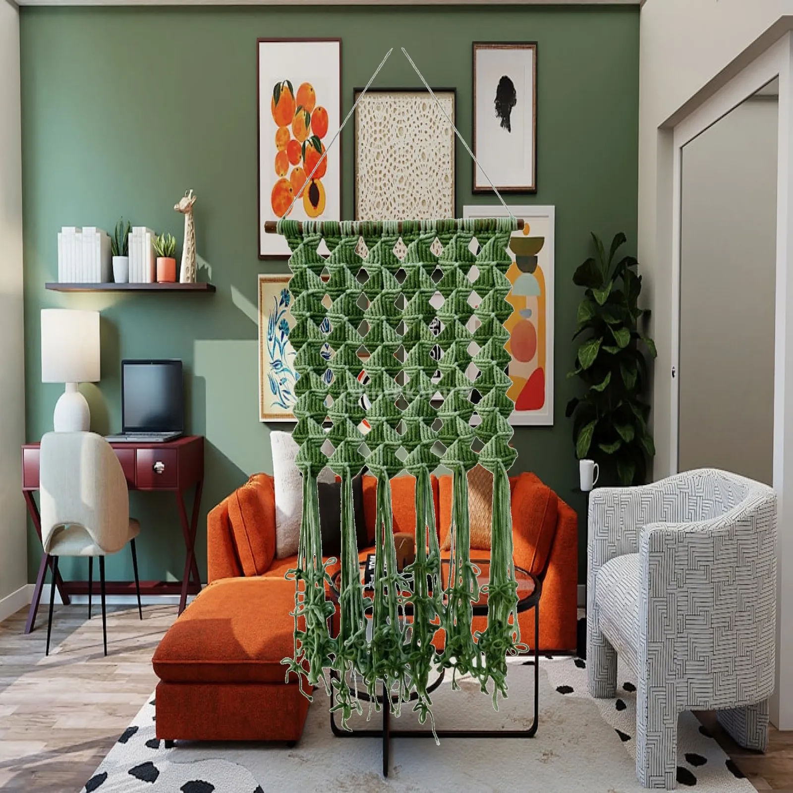 Green Cotton Wall Tapestry Handmade Fringe Hanging Art with Wood Rod for Bedroom Aesthetic Decor