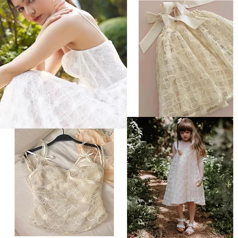 New Four-leaf clover Flower Mesh Embroidery Lace Fabric for Wedding Dress Children's Dress Skirt Designer Fabric